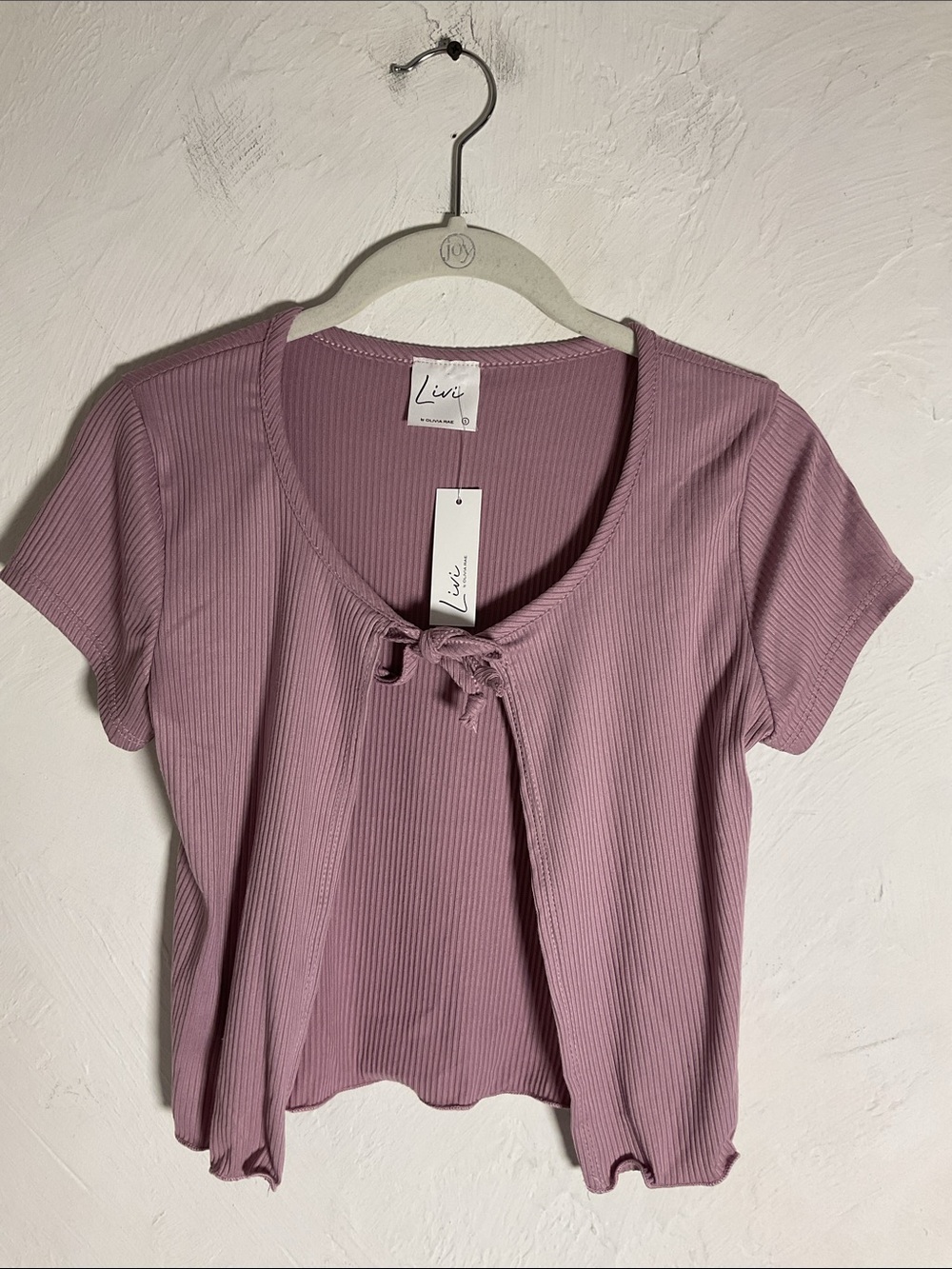Livi by Olivia Rae Mauve Ribbed Tie Front Cardigan Top Size S NWT